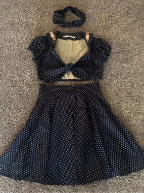 Women's Navy Polka Dot top,Midi Skirt and headband- Classic Flared Silhouette